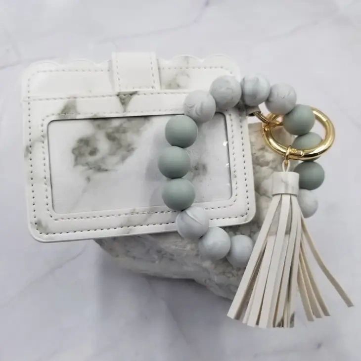 Bead Bangle Keychain Bracelet / Leather Card Holder - Black