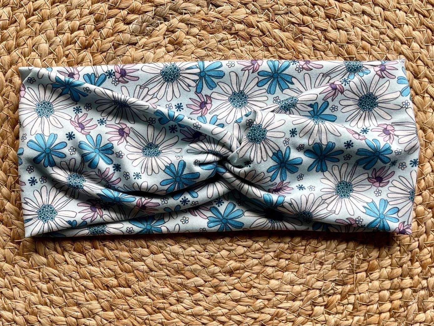 Bright Blue Daisy Knit Twist Headband