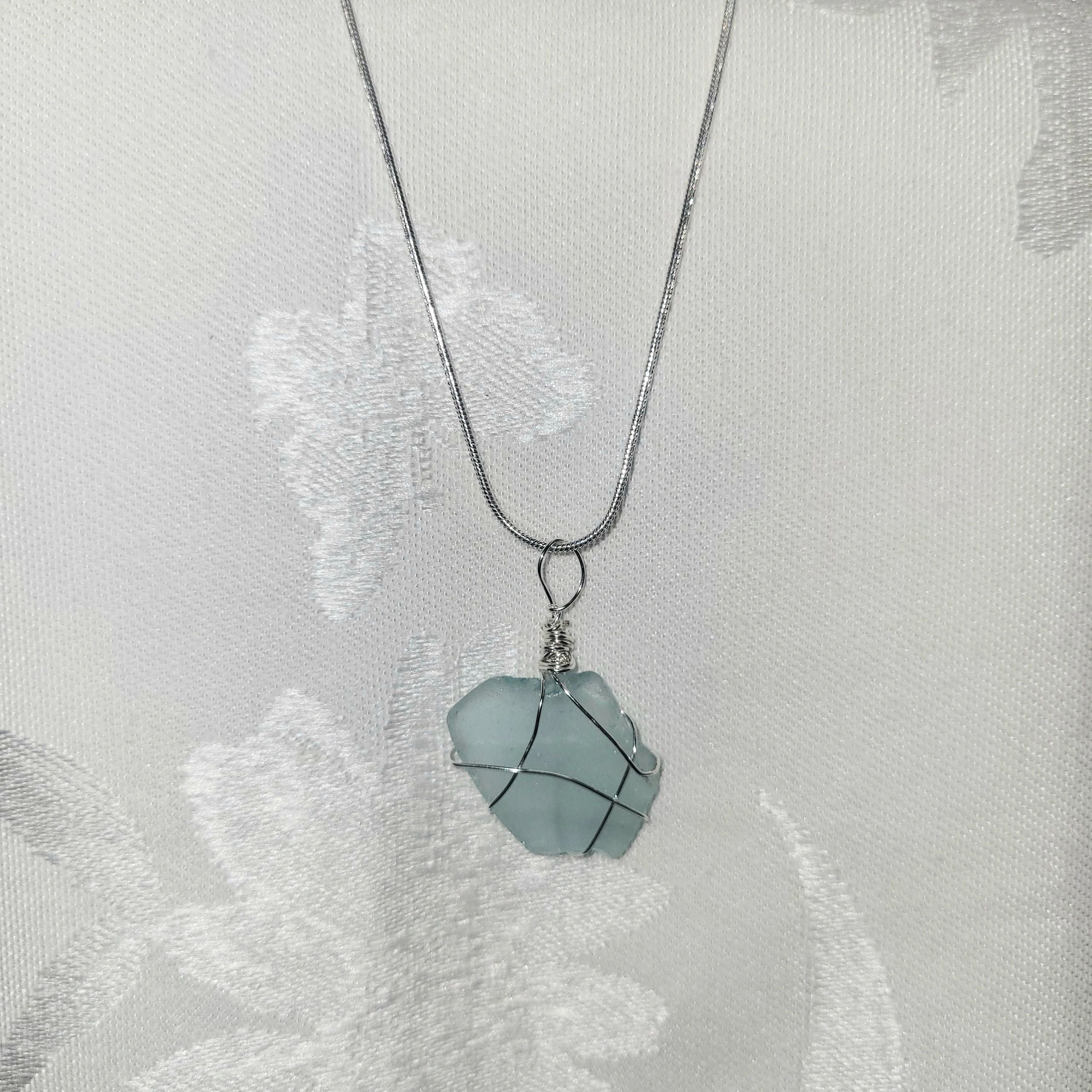 Wire Wrapped Seaglass Necklace 18" - Light Blue