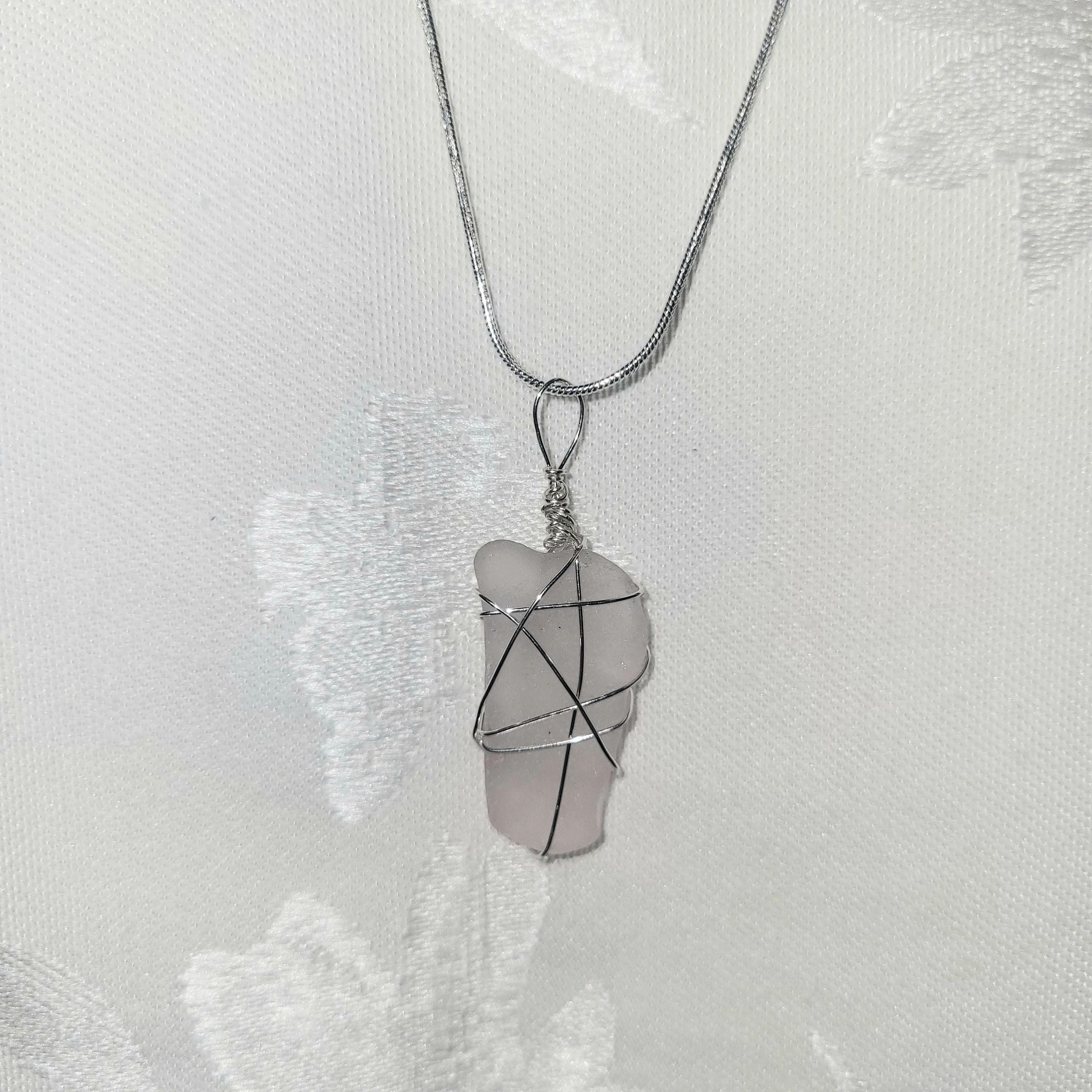 Wire Wrapped Seaglass Necklace 18" - Light Pink