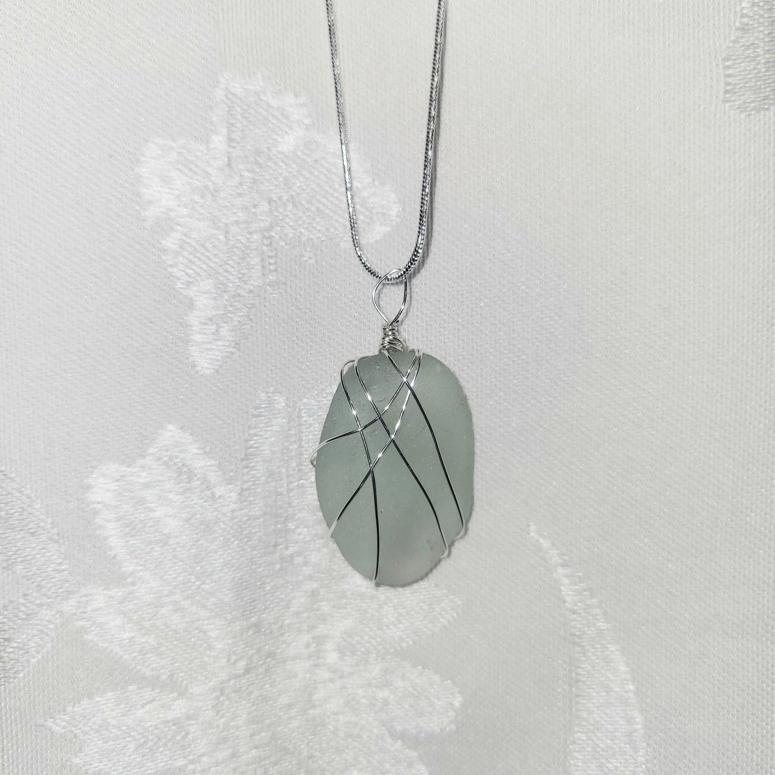 Wire Wrapped Seaglass Necklace 18" - Light Green