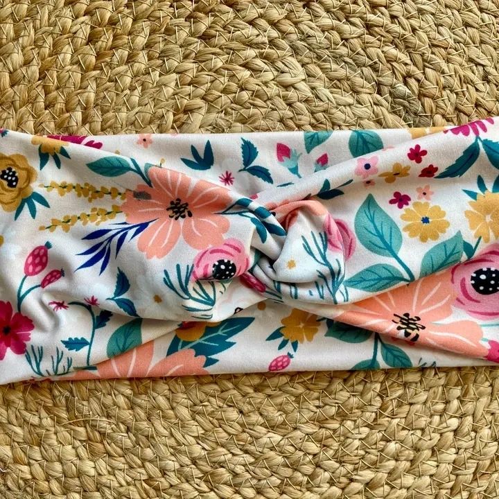 Cream Bright Floral Knit Twist Headband