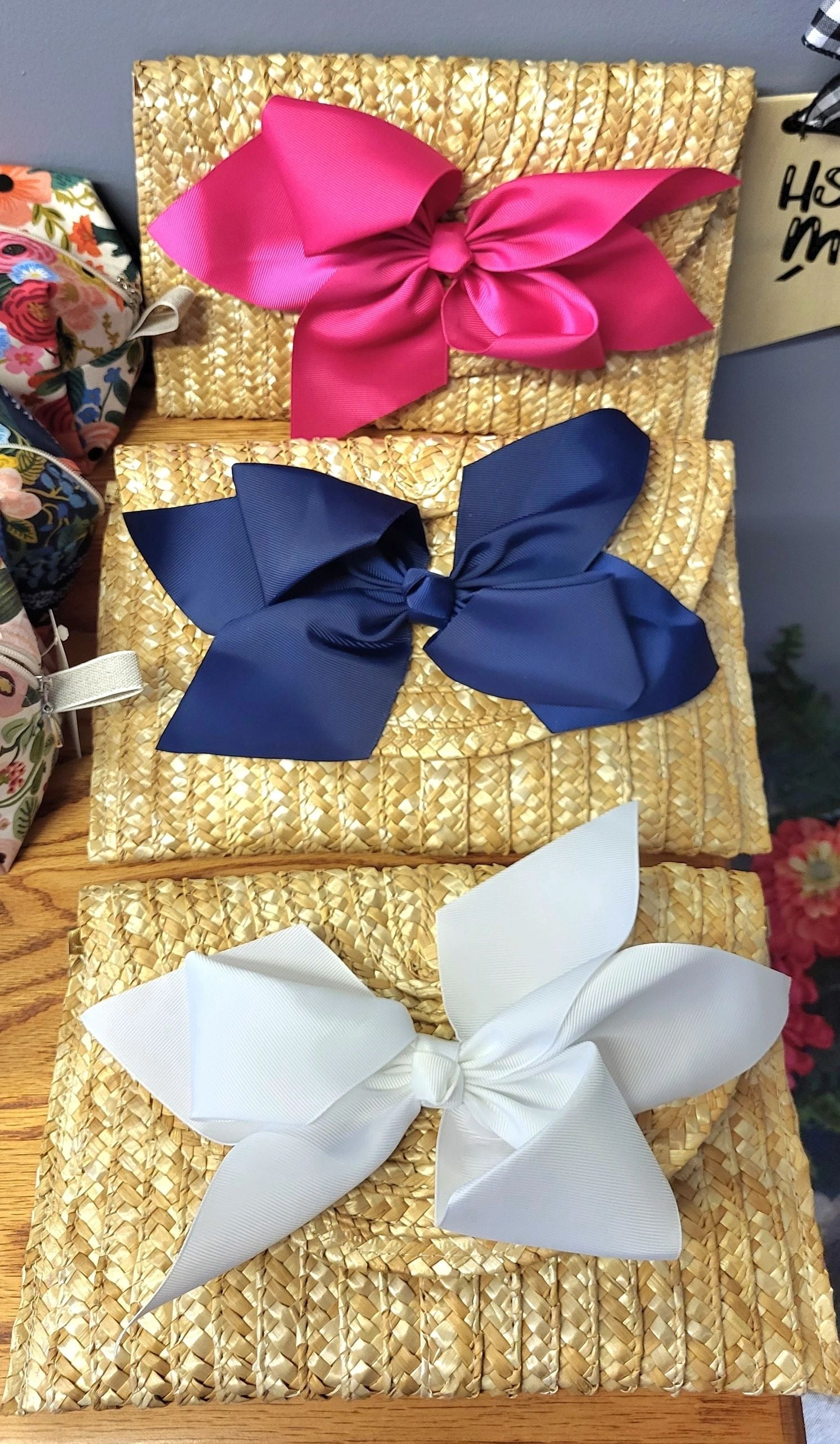 The Vineyard Straw Clutch with Interchangeable Bow - White.