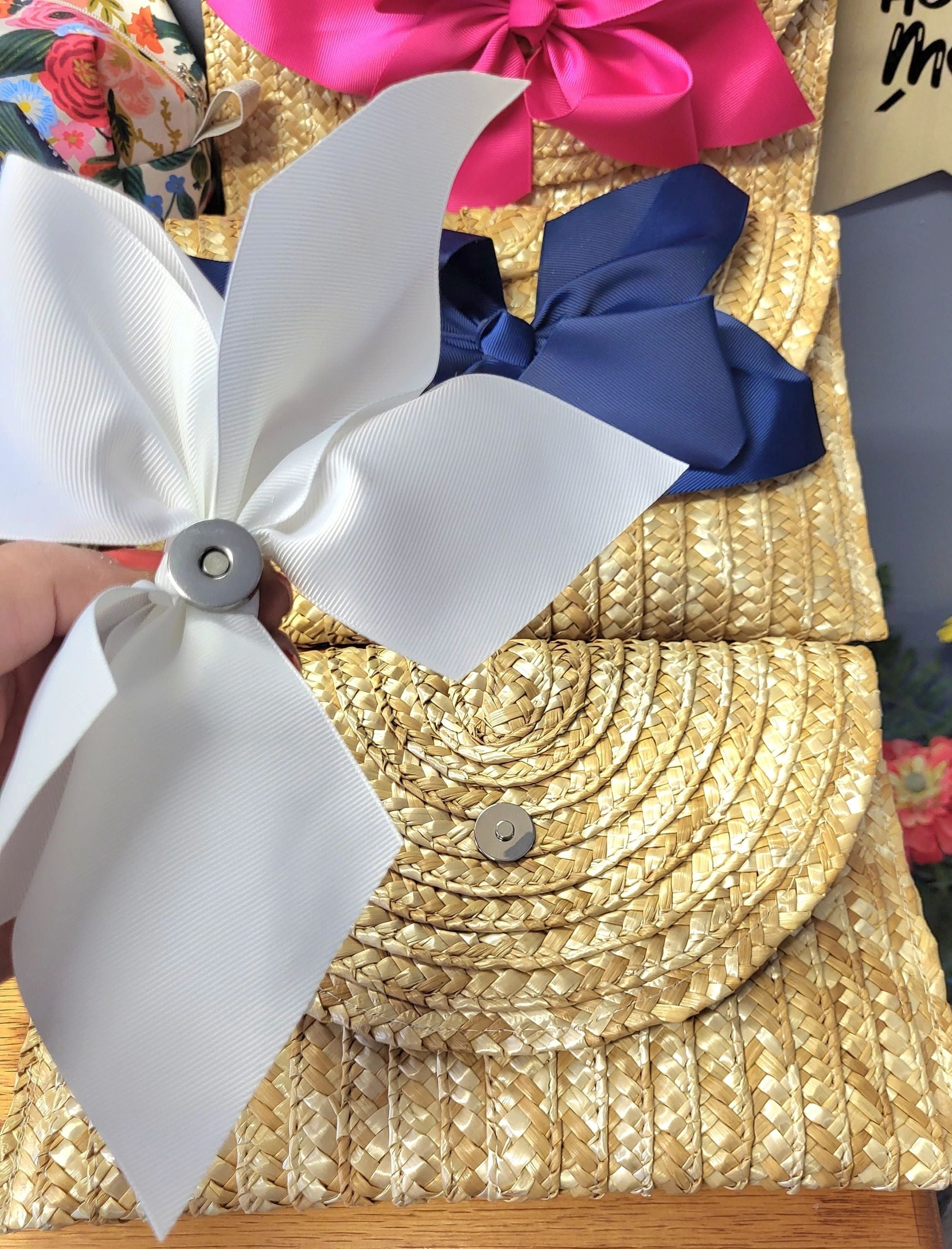 The Vineyard Straw Clutch with Interchangeable Bow - White.