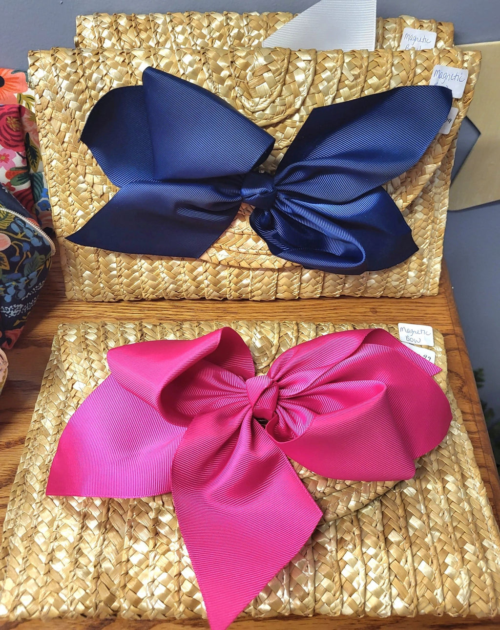 The Vineyard Straw Clutch with Interchangeable Bow - Hot Pink