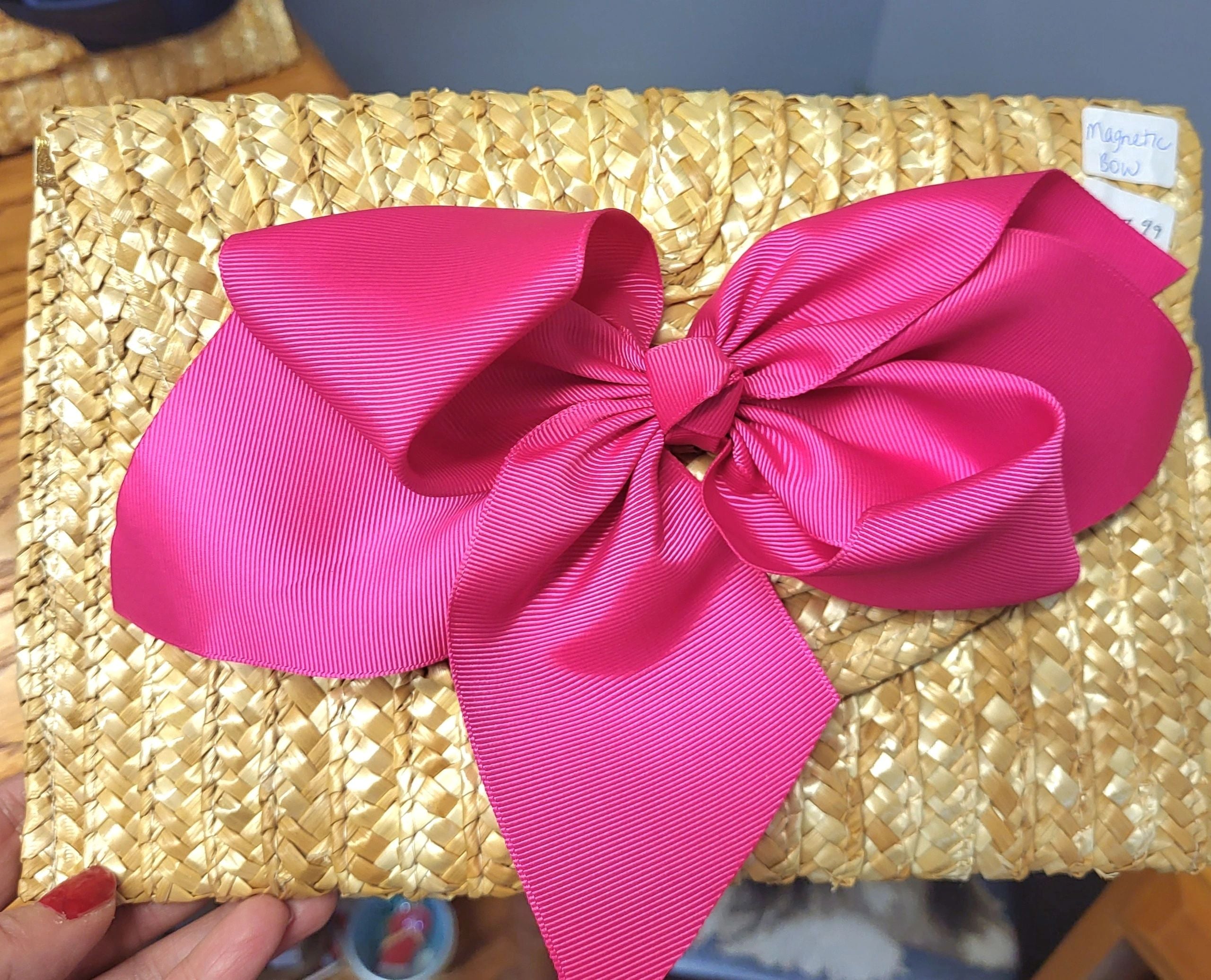 The Vineyard Straw Clutch with Interchangeable Bow - Hot Pink