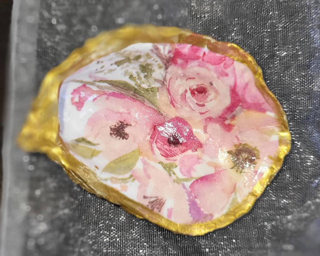 Pink Floral Small Oyster Shell Ring Dish