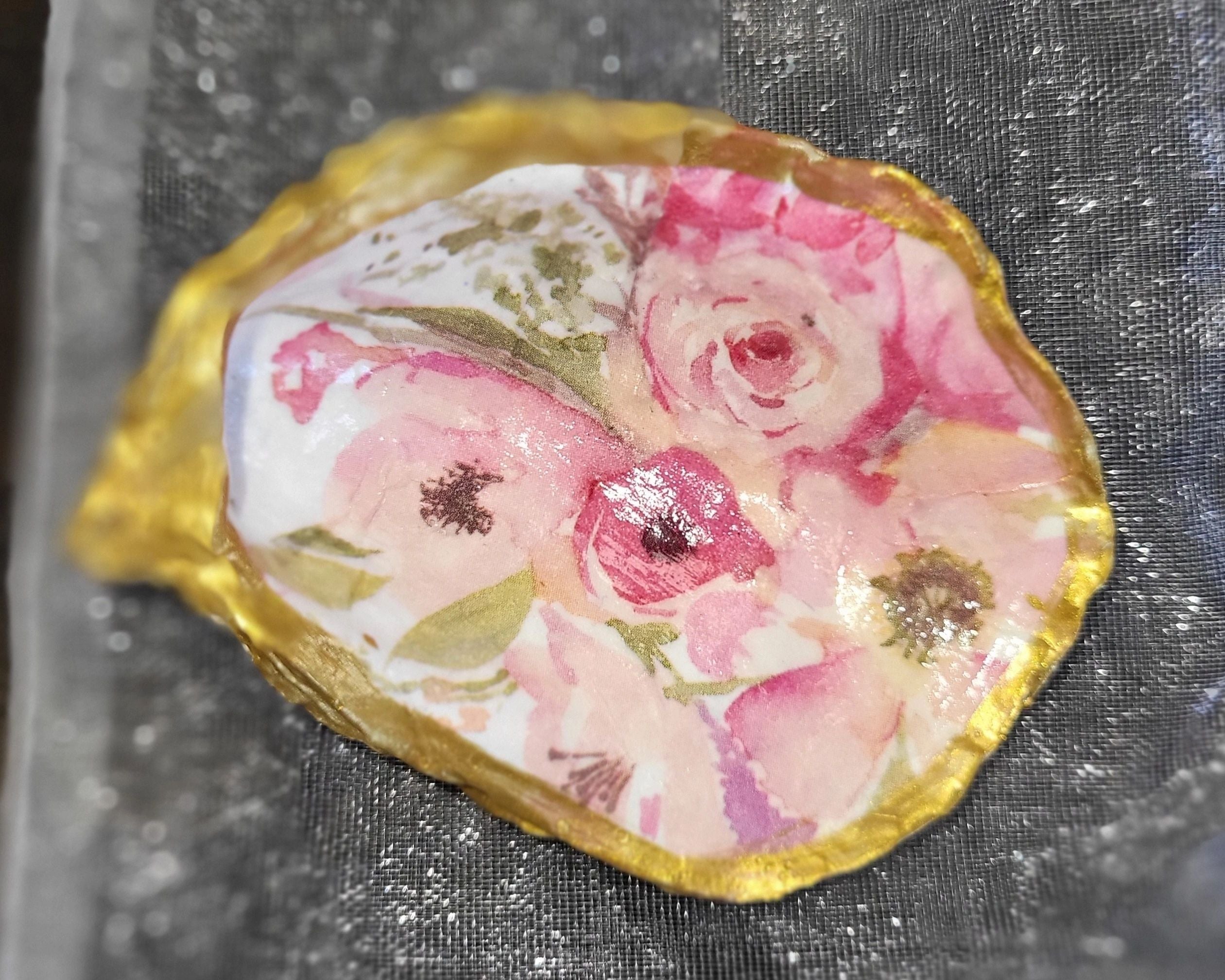 Pink Floral Small Oyster Shell Ring Dish