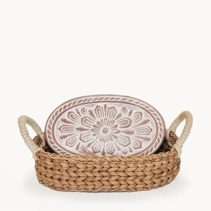 Bread Warmer & Wicker Basket - Flower Oval