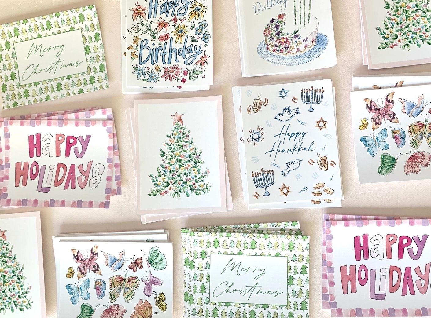 Colorful Christmas Tree Cards - Boxed Set of 8