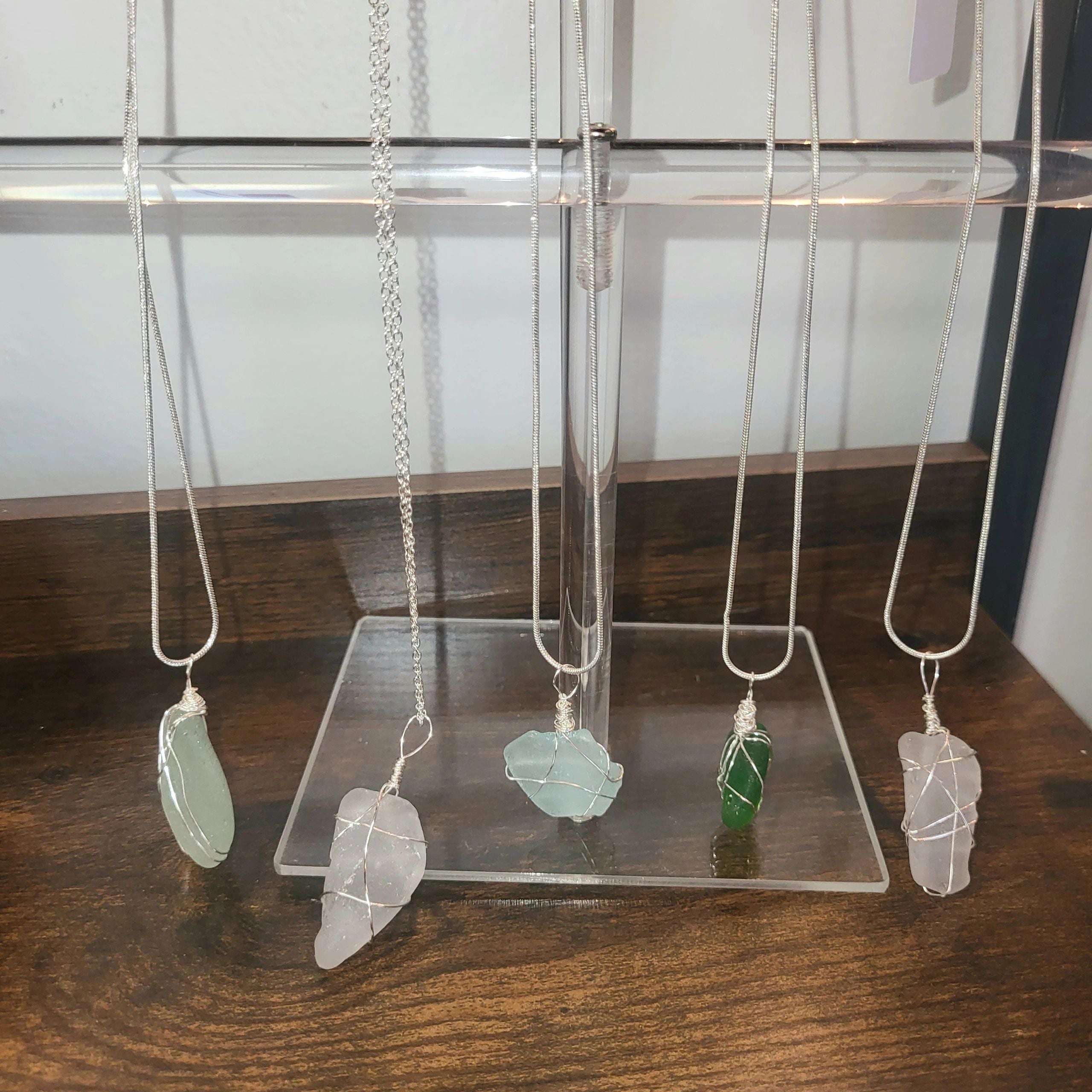 Wire Wrapped Seaglass Necklace 18" - Light Pink