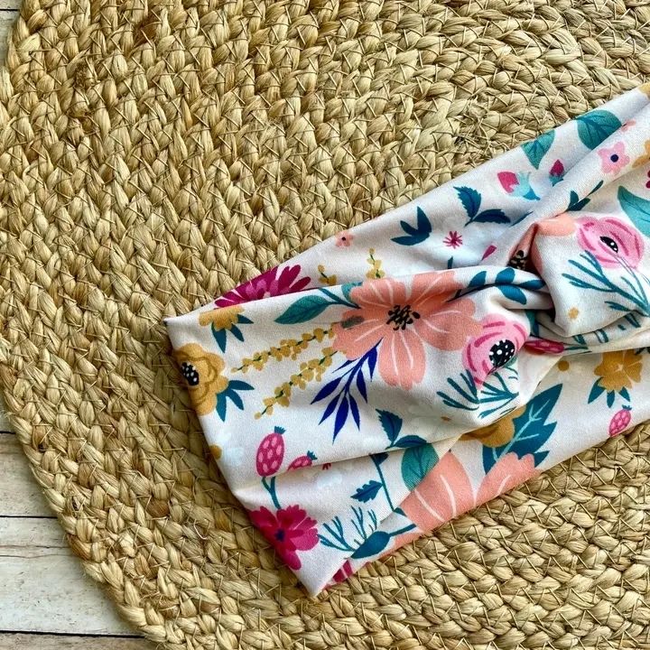 Cream Bright Floral Knit Twist Headband