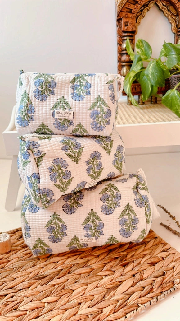 Medium Hand Block Printed Cotton Toiletry Bag, Blue Wildflower