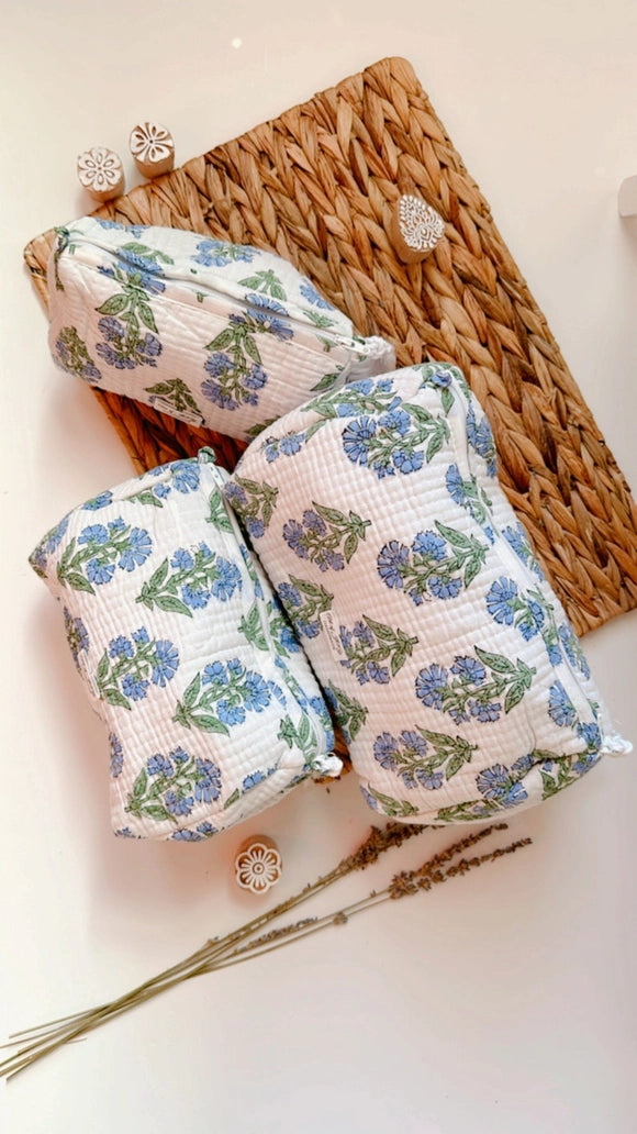 Large Hand Block Printed Cotton Toiletry Bag, Blue Wildflower