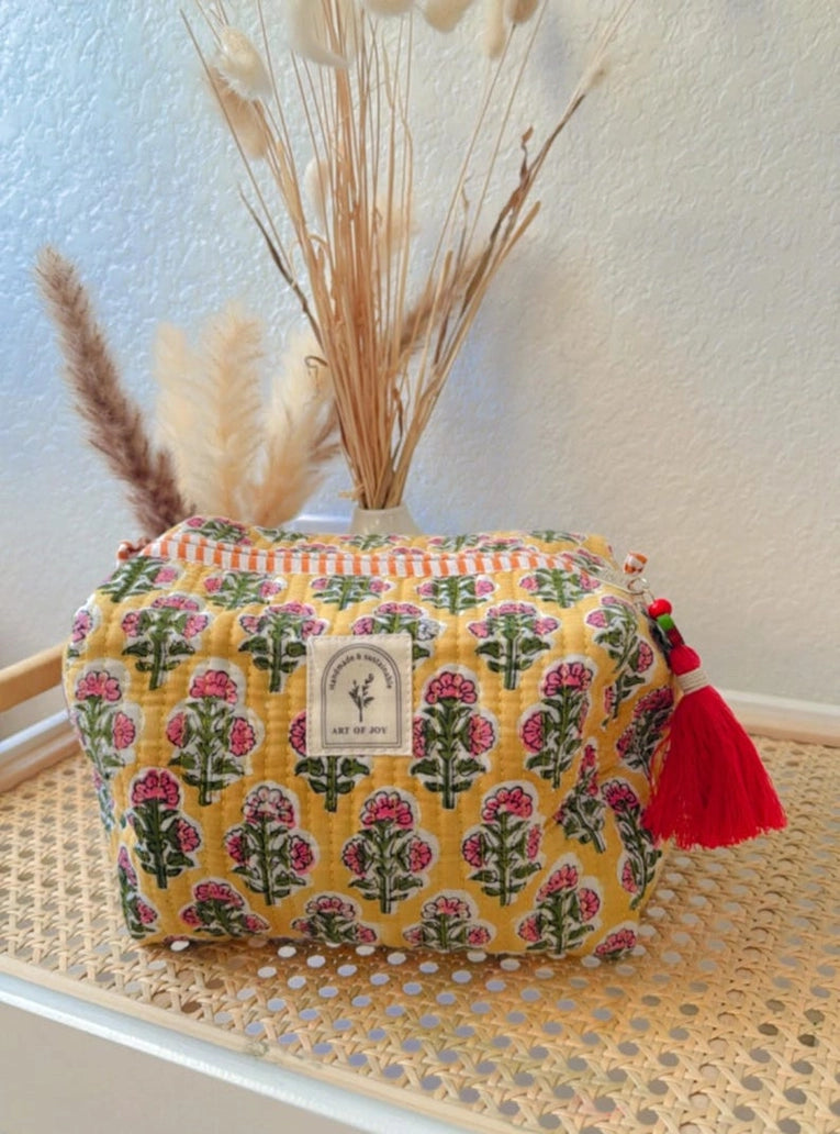 Hand Block Printed Cotton Makeup Bag, Golden Petal