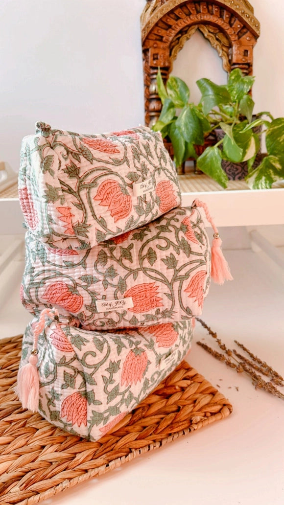 Medium Hand Block Printed Cotton Toiletry Bag, Pink Lotus