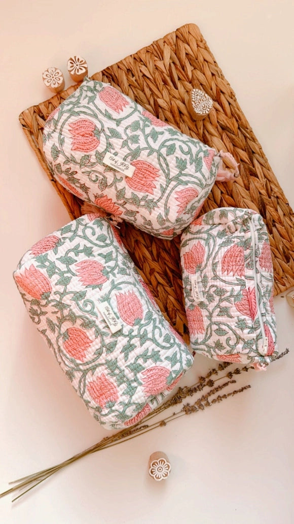 Medium Hand Block Printed Cotton Toiletry Bag, Pink Lotus