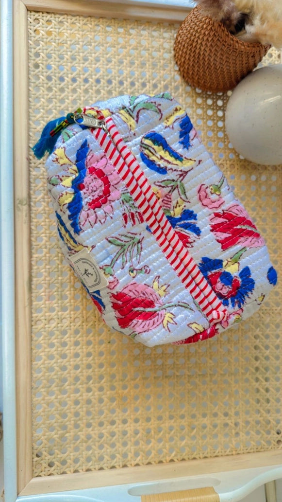 Hand Block Printed Cotton Quilted Makeup Bag, White Blooms