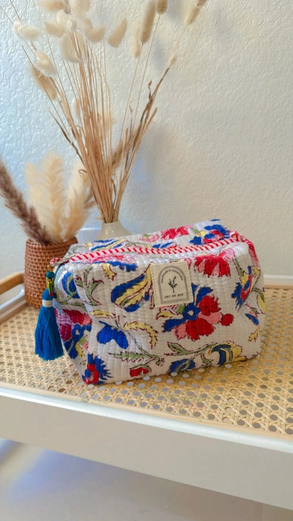Hand Block Printed Cotton Quilted Makeup Bag, White Blooms