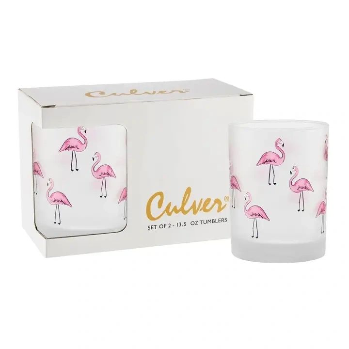 Flamingo Double Old Fashion Frosted Glasses - Set of 2 - Potpourri Gift Shop