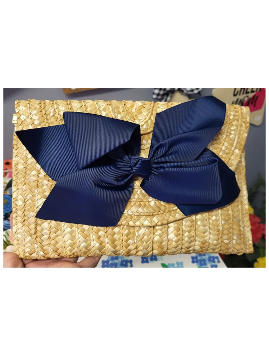 The Vineyard Straw Clutch with Interchangeable Bow - Navy