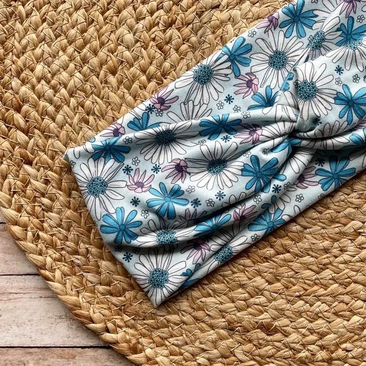 Bright Blue Daisy Knit Twist Headband