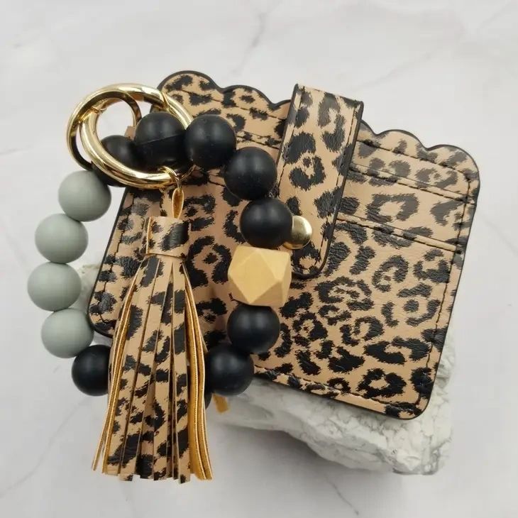 Bead Bangle Keychain Bracelet / Leather Card Holder - Black