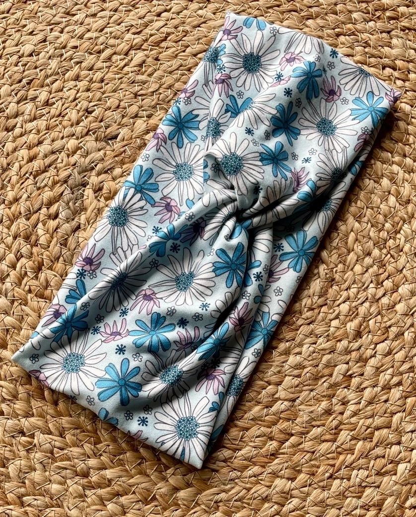 Bright Blue Daisy Knit Twist Headband