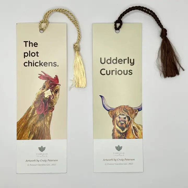 Funny Chicken or Highland Cow Two - Sided Tassel Bookmark - Potpourri Gift Shop