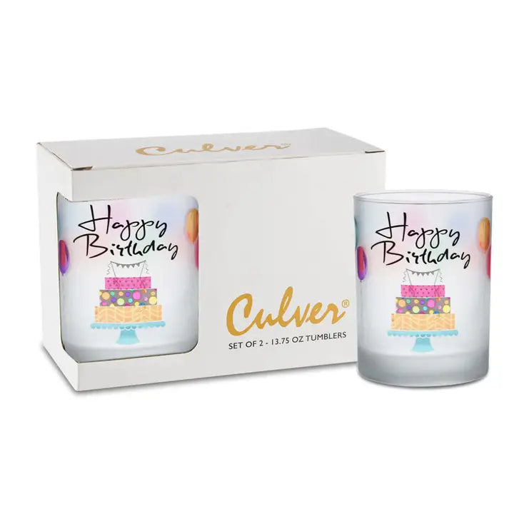 Culver Frosted Happy Birthday Double Old Fashion Glasses, (2)